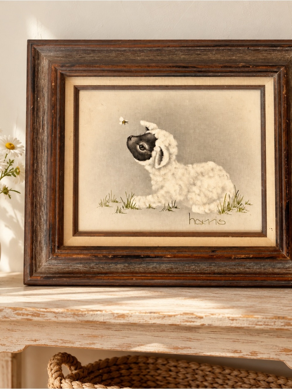 Vintage Framed Lamb & Bee Wall Art Rustic Cottagecore Nursery Decor Painting